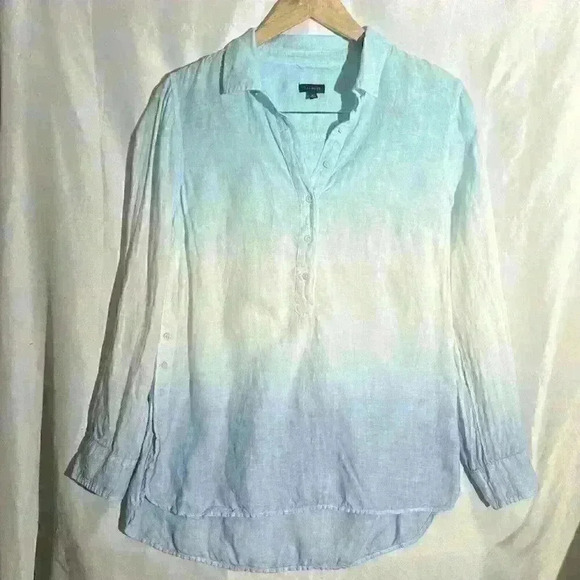 Talbots 100% Linen Beach Ombré Dip Dye Blue Tunic Roll Tab Sleeves Size Medium - Picture 2 of 10